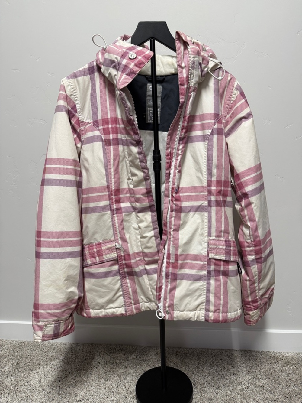 Roxy Pink and White Plaid Hooded Ski Jacket